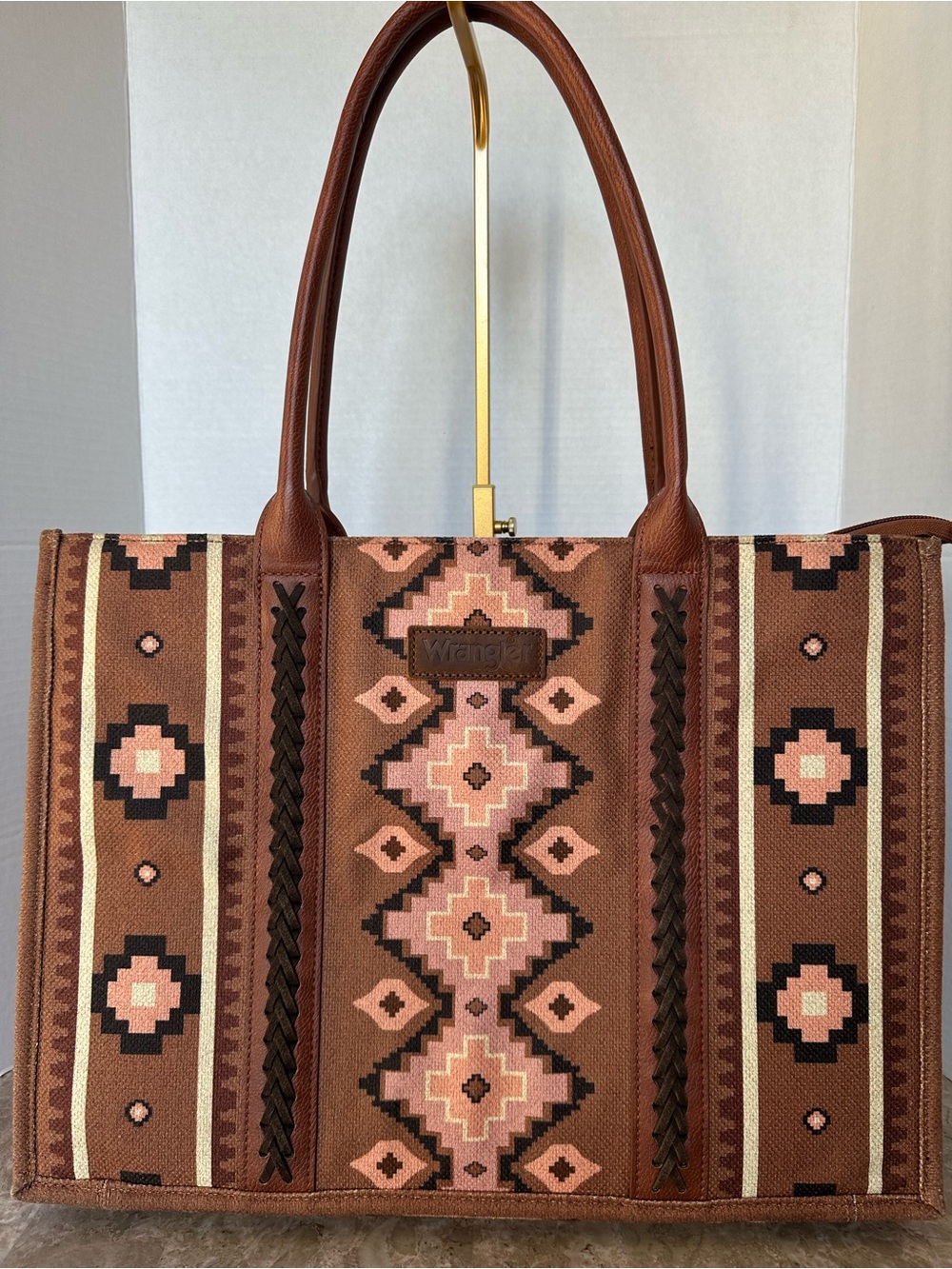 Wrangler Aztec Print Canvas Tote Bag Western Southwestern Brown Shoulder Purse